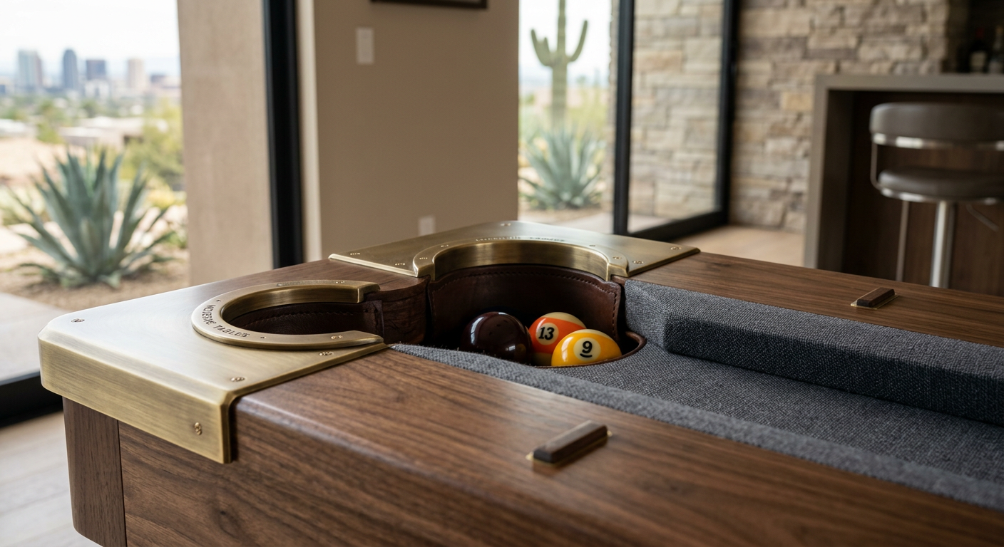 Close-up photorealistic view of a luxury pool table corner with premium wood grain, metal detailing, fine felt, and subtle...