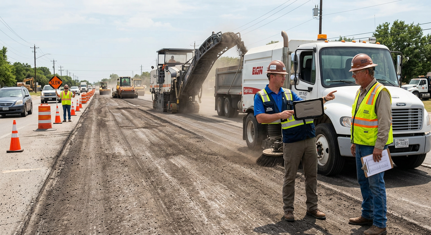 Detailed photorealistic in-content image of a fleet manager and superintendent reviewing a street sweeper beside a milling...