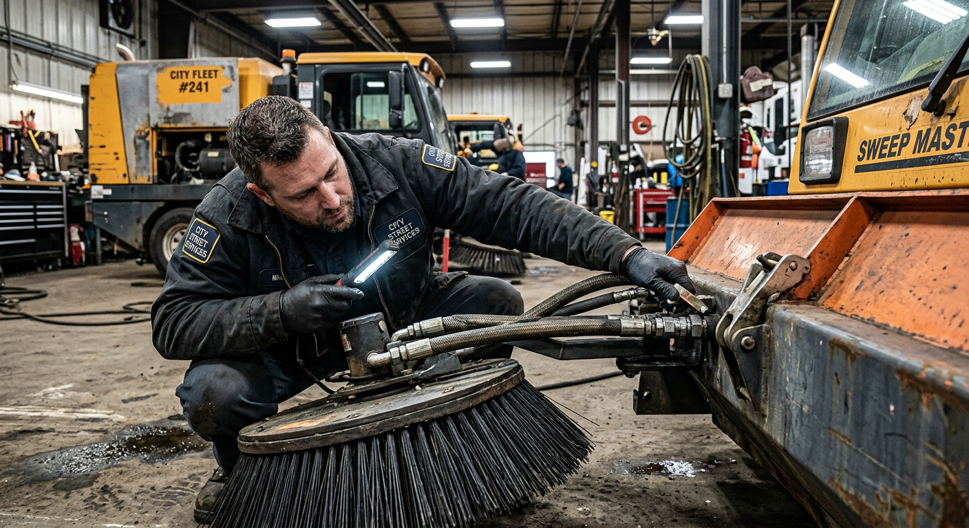 Photorealistic close-up of a mechanic checking a street sweeper broom, hydraulic hose, and debris hopper latch in a busy f...