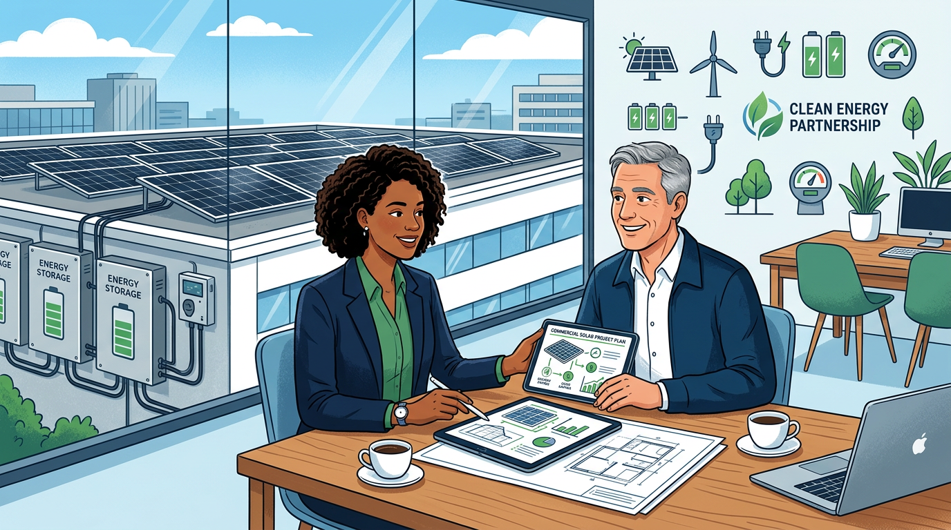 Modern editorial-style illustration of a solar sales partner reviewing a project plan with a commercial property owner, wi...