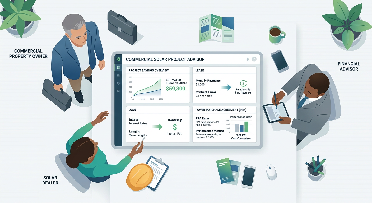 Independent Solar | B2B Solar Financing Options That Help Projects Close Faster Modern illustration of a commercial property owner, solar dealer, and finance advisor standing around a clean dashboard sh...