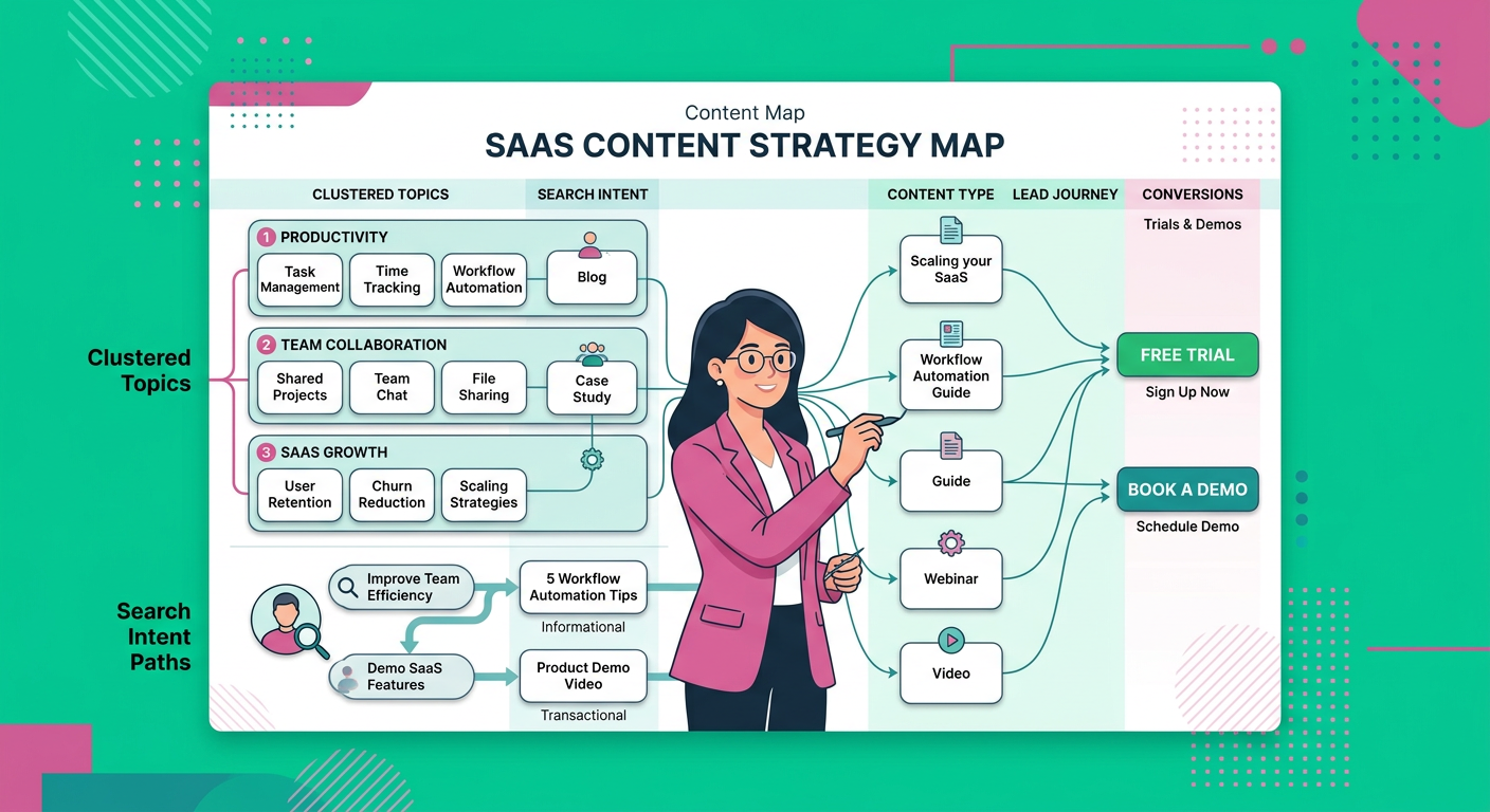 Modern flat illustration of a SaaS content strategy map with clustered topic cards, search intent paths, and a founder con...
