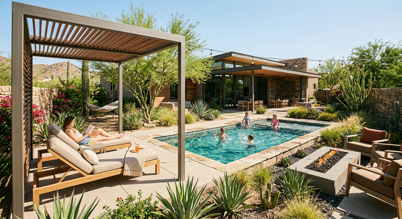Modern backyard pool area in central Scottsdale with shaded lounge chairs, desert plants, a built-in fire feature, and a f...