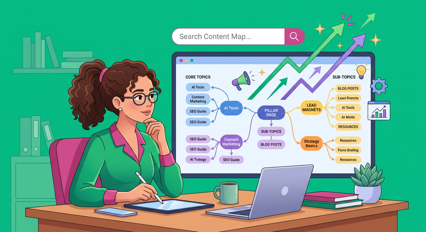 Flat cartoon-style scene of a content strategist reviewing a website content map with connected topic clusters, a search b...