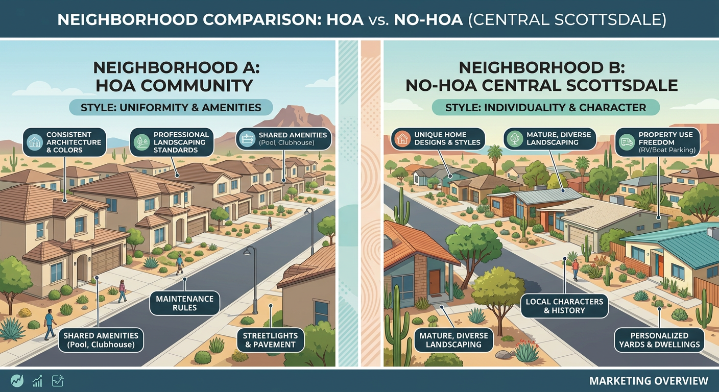 Modern infographic-style neighborhood comparison showing two side-by-side home scenes, one with HOA-style uniformity and o...