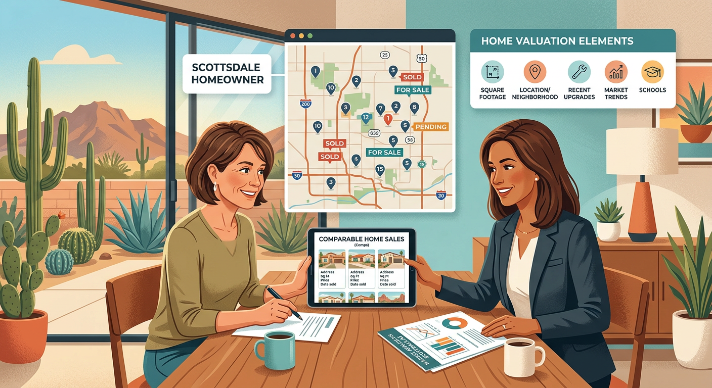 Modern illustrated scene showing a Scottsdale homeowner reviewing comparable home sales with a real estate agent, layered ...