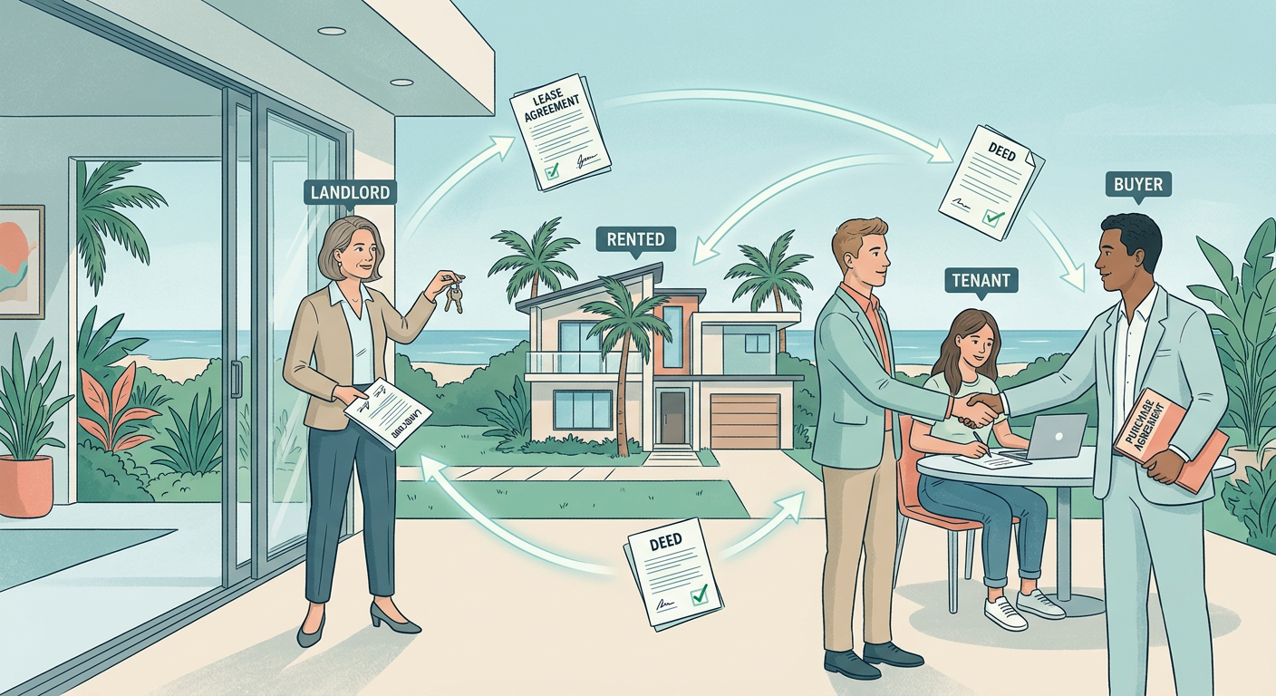 Modern illustrative scene showing a real estate transaction between landlord, tenant, and buyer, with a rented house in th...