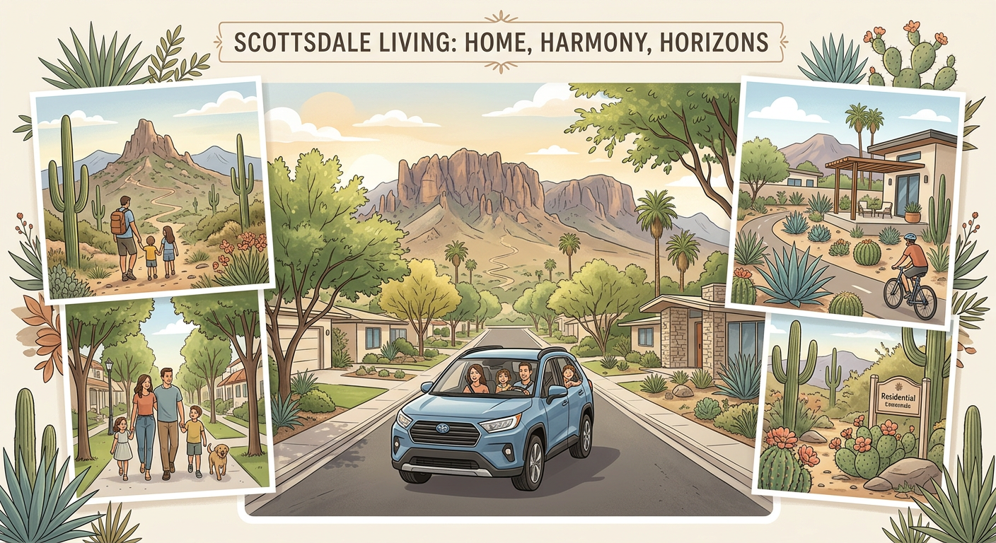 A clean, modern real estate lifestyle collage showing Scottsdale neighborhoods, desert landscaping, a family driving throu...