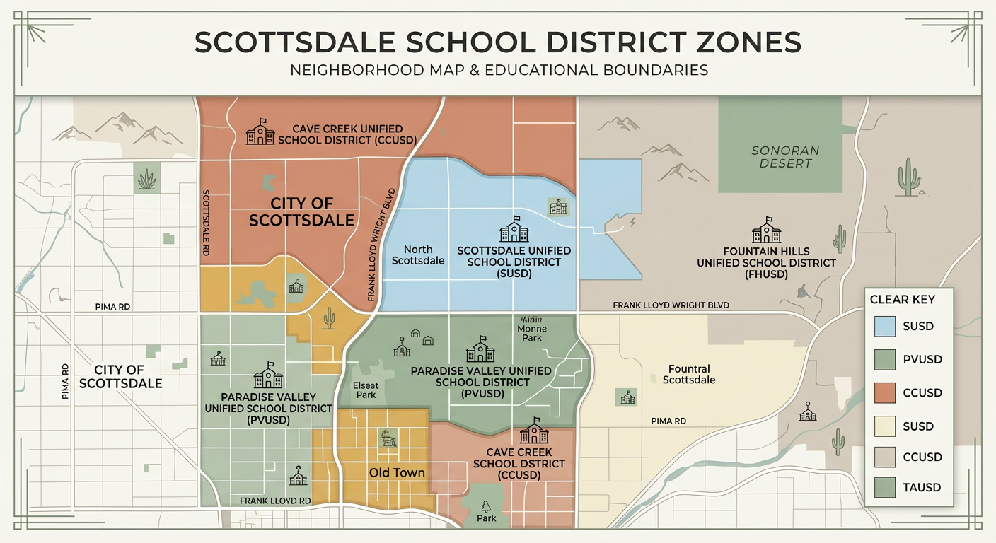 Modern clean infographic-style neighborhood map of Scottsdale showing school district zones, with color-coded areas, subtl...