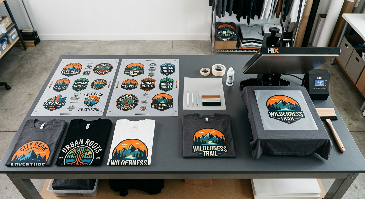 Overhead view of neatly arranged gang sheets, finished t-shirts, and a heat press workstation, modern editorial style, cle...