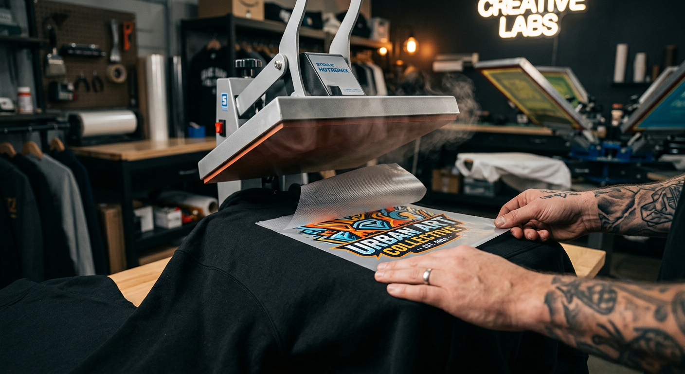close-up photo of hands heat pressing custom DTF decals onto a black cotton hoodie, crisp transfer edges, vivid ink colors...