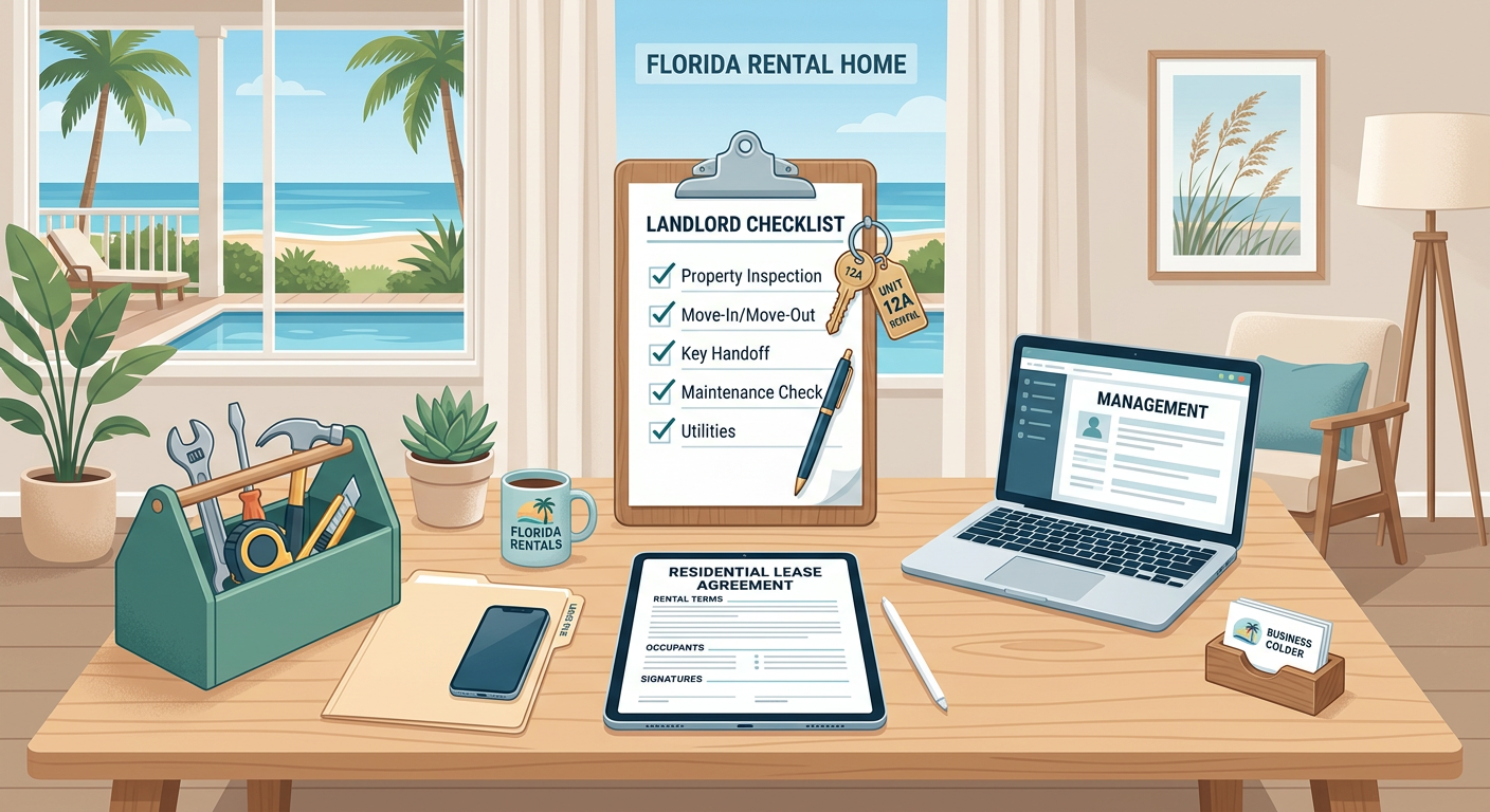 Modern illustration of a landlord checklist scene with a Florida rental home, clipboard, keys, maintenance tools, and digi...