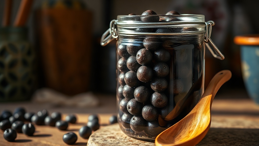 Perles de tapioca noires cuites et enrobées de sirop de sucre brun dans un bocal en verre