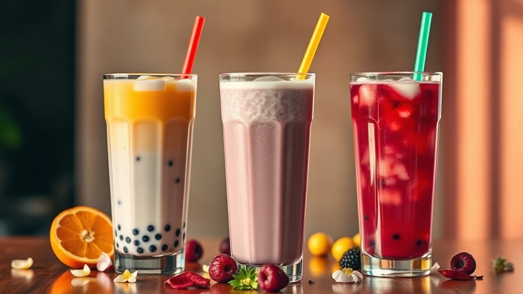 Trois verres de bubble tea maison dans différentes variations : mangue coco, taro violet et hibiscus framboise