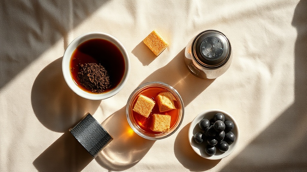 Ingrédients du bubble tea maison disposés sur une surface en lin : thé en feuilles, lait, perles de tapioca et sucre brun