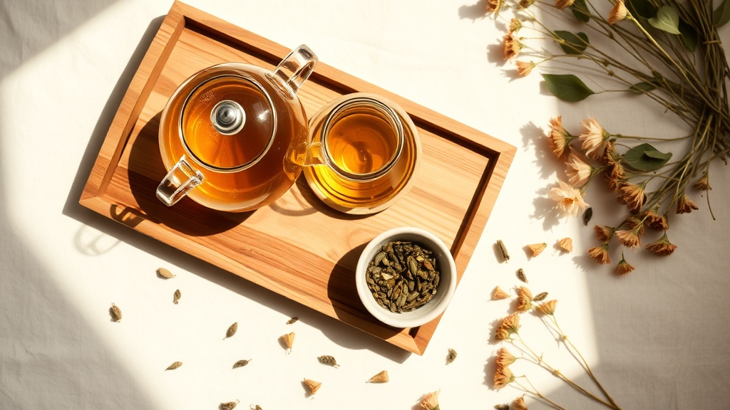 Plateau de thé avec théière en verre, sablier et feuilles de thé en vrac sur une surface en lin
