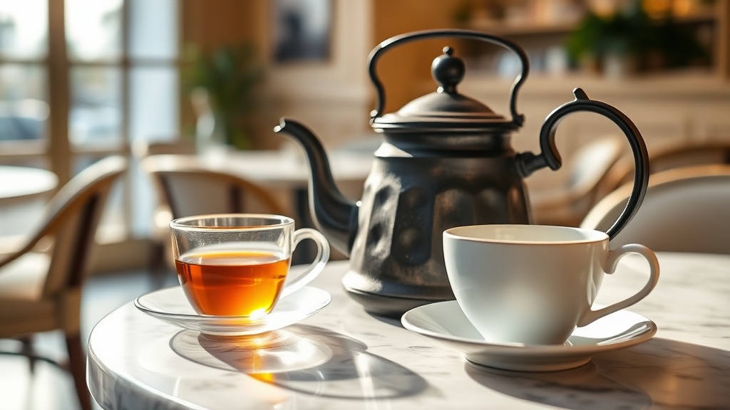 Théière en fonte posée sur une table de salon de thé toulousain avec une tasse en porcelaine