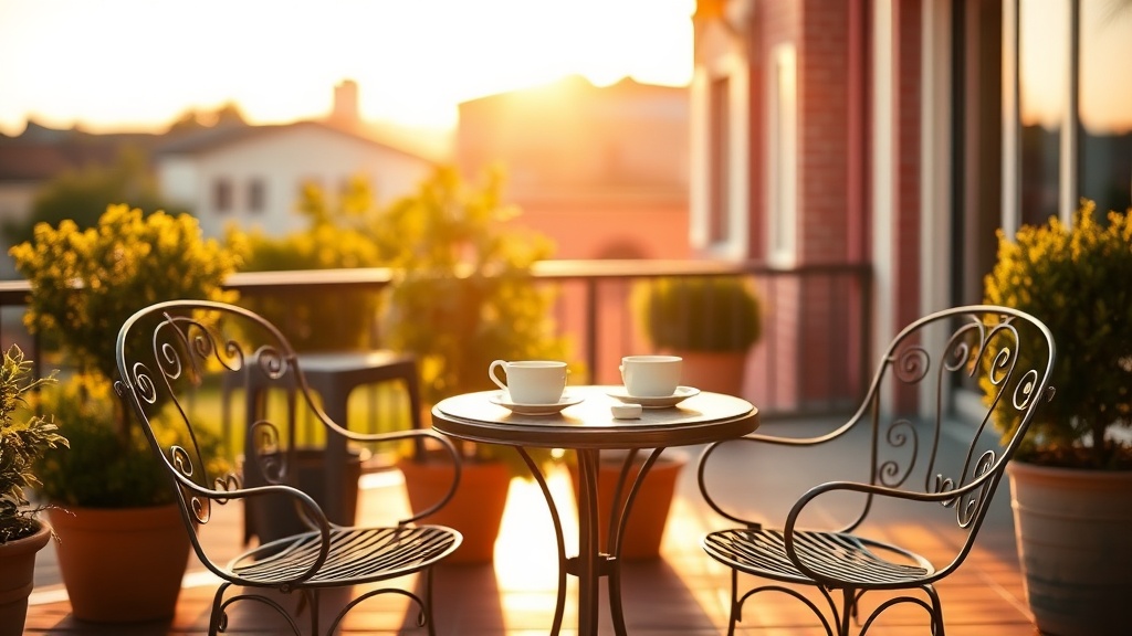 Terrasse ensoleillée d'un salon de thé dans une ville du sud de la France avec chaises en fer forgé