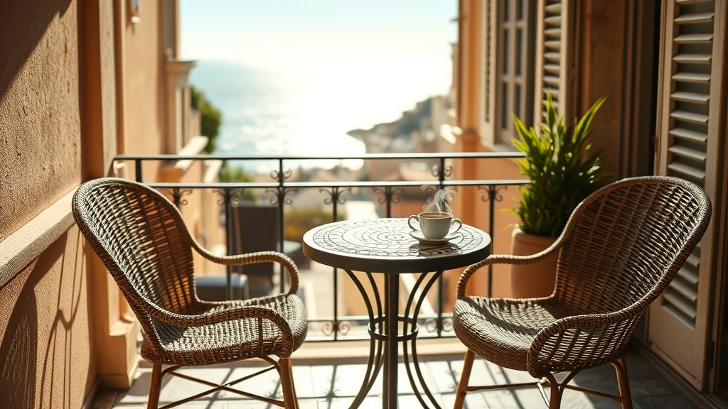 Terrasse ensoleillée d'un salon de thé marseillais avec vue sur la mer en arrière-plan flou