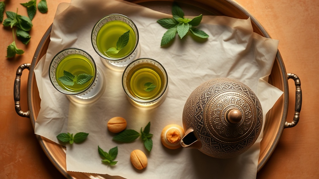 Plateau de thé à la menthe marocain avec verres dorés, menthe fraîche et pâtisseries orientales