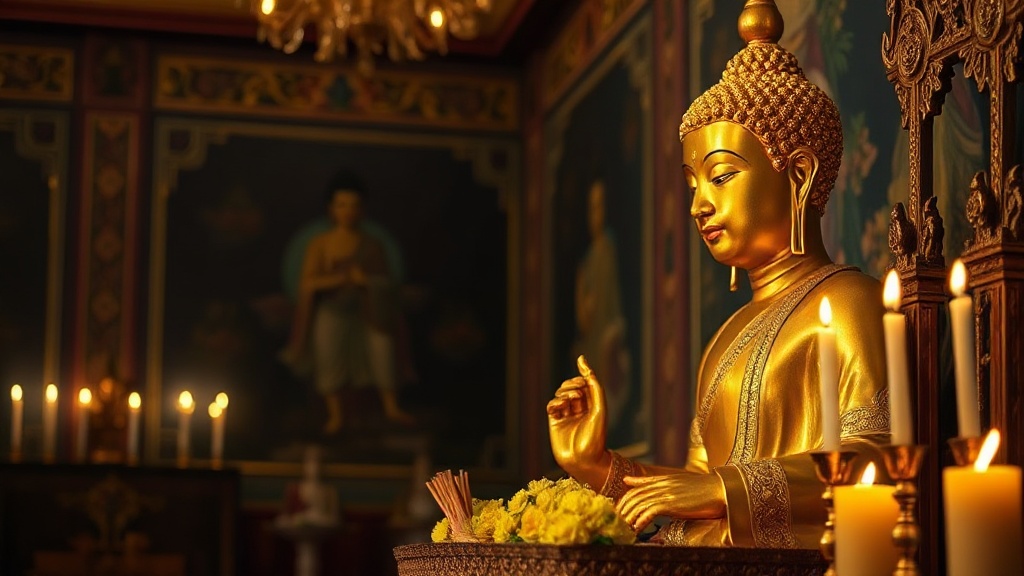 Statue dorée du Bouddha Shakyamuni avec offrandes florales dans la pagode de Vincennes