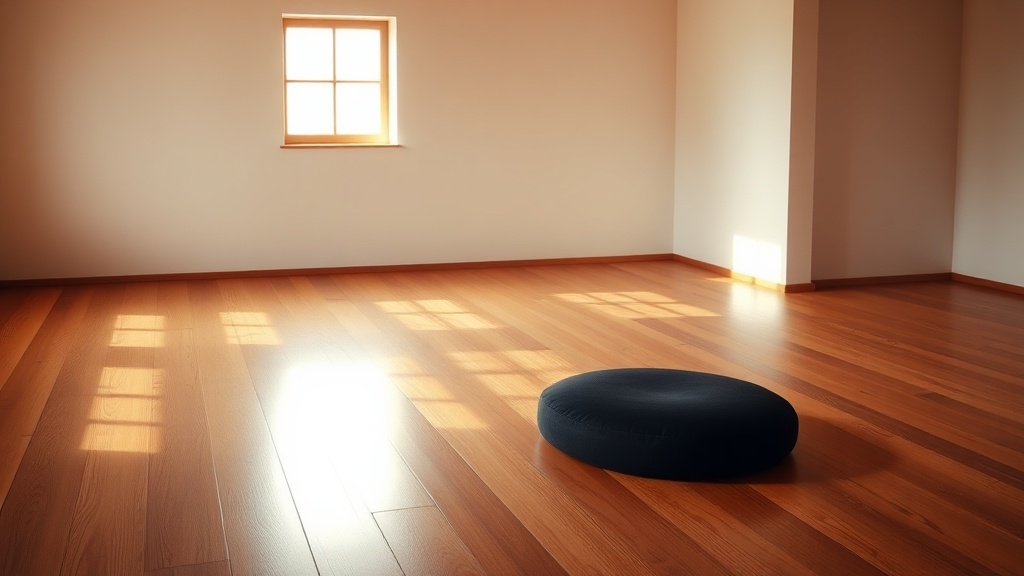 Salle de zazen épurée dans un temple Zen français, zafu noir sur plancher de bois