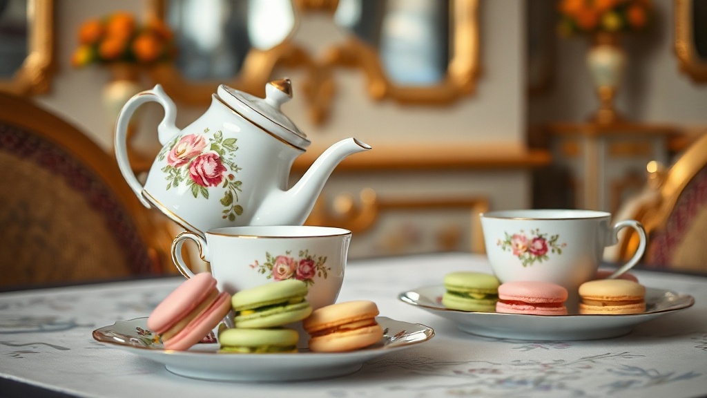 Service à thé élégant avec macarons colorés dans un salon parisien style Napoléon III
