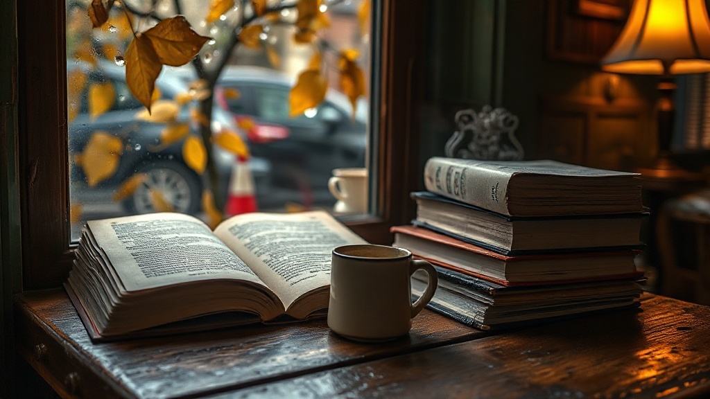 Ambiance cosy d'un café littéraire parisien avec une tasse de thé et des livres
