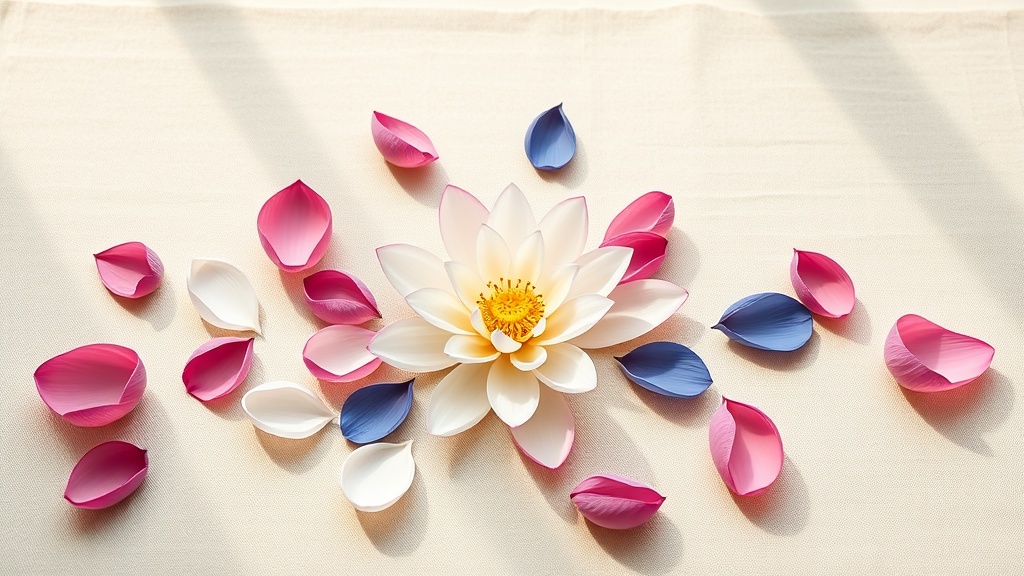 Pétales de lotus de différentes couleurs, blanc rose bleu violet, représentant les significations symboliques distinctes de chaque teinte