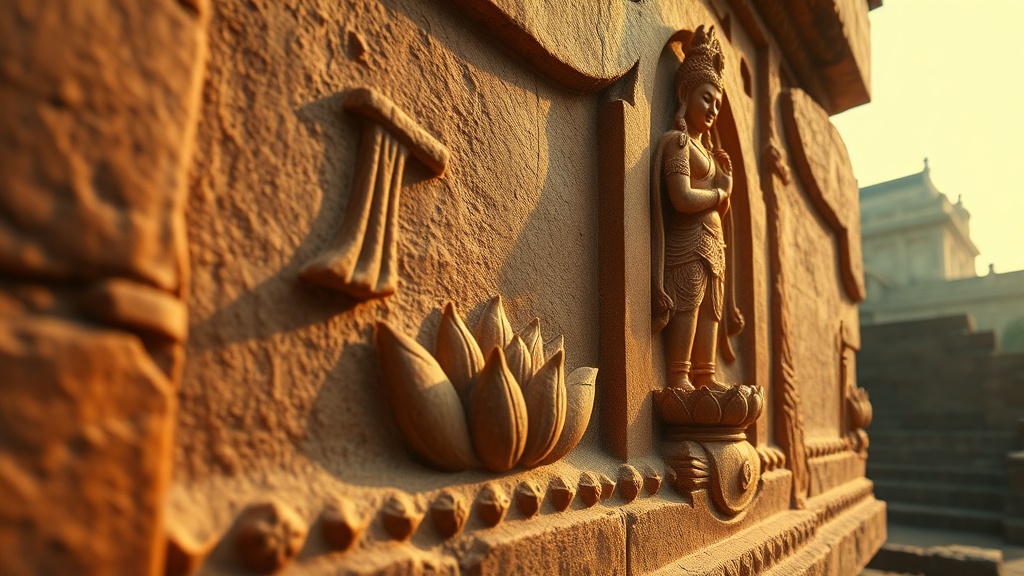Relief sculpté d'une divinité hindoue debout sur un lotus, illustration de l'importance religieuse et historique du symbole