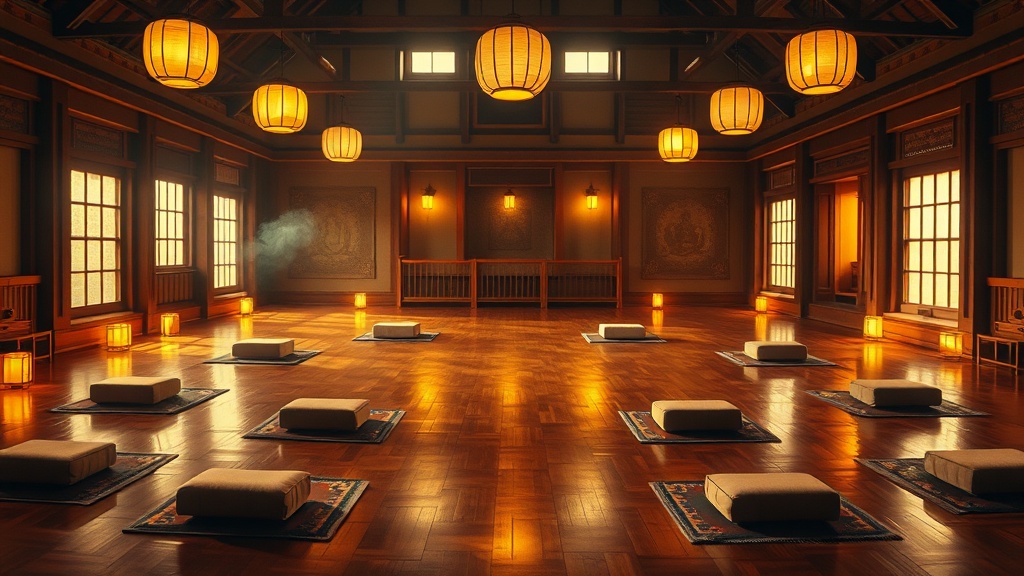 Salle de méditation bouddhiste avec coussins en cercle et lanternes dorées