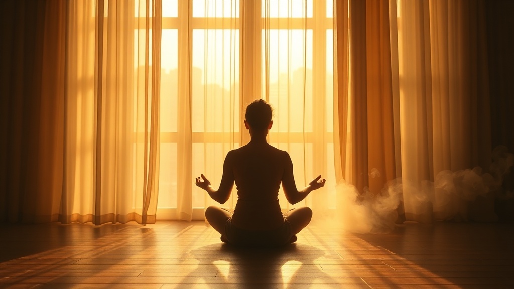 Personne en méditation assise en posture lotus près d'une fenêtre lumineuse