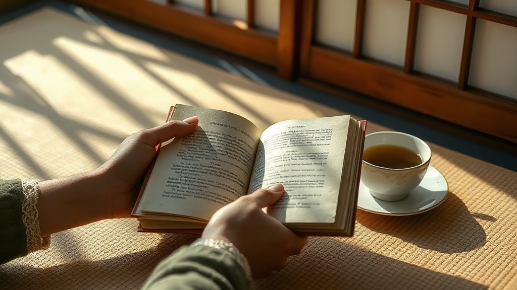 Mains tenant un livre de sutras bouddhistes ouvert sur un tatami avec thé vert