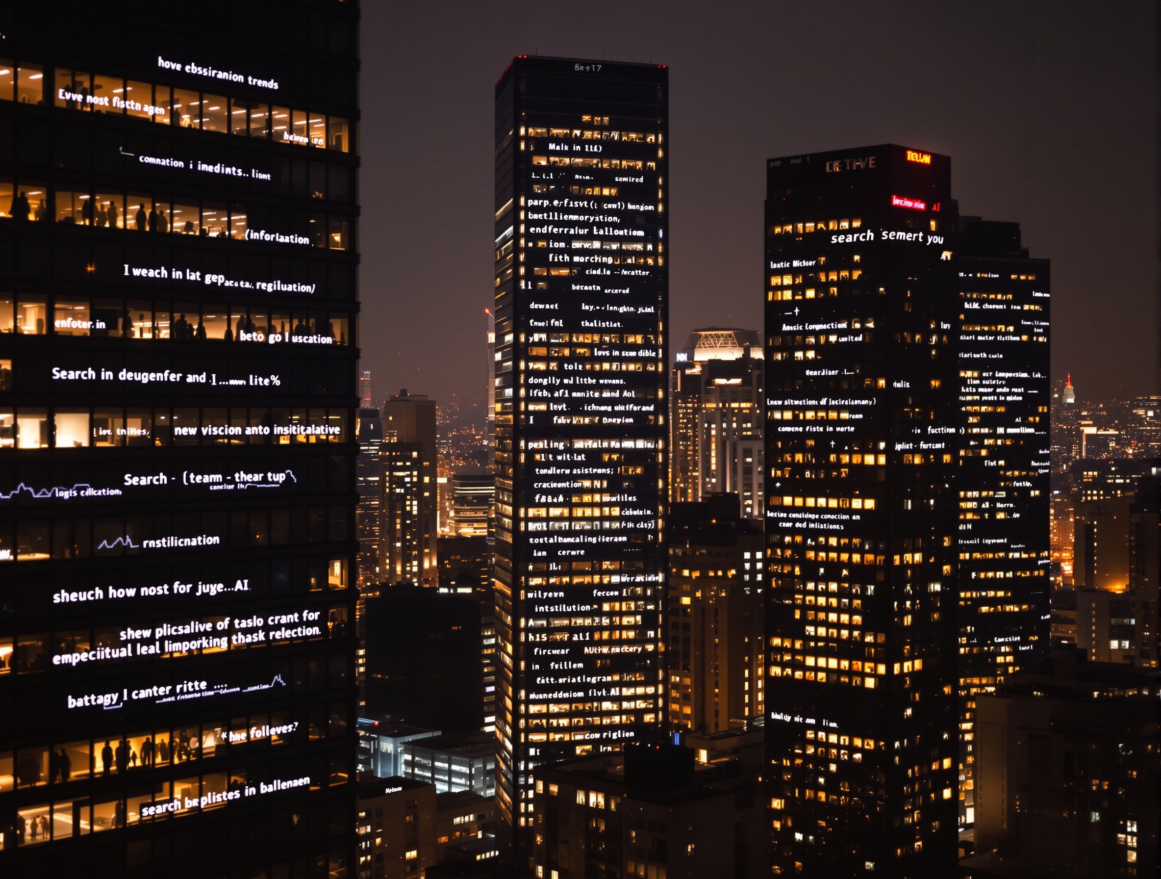 City skyline at night with digital overlays of AI-generated semantic content and search analytics.
