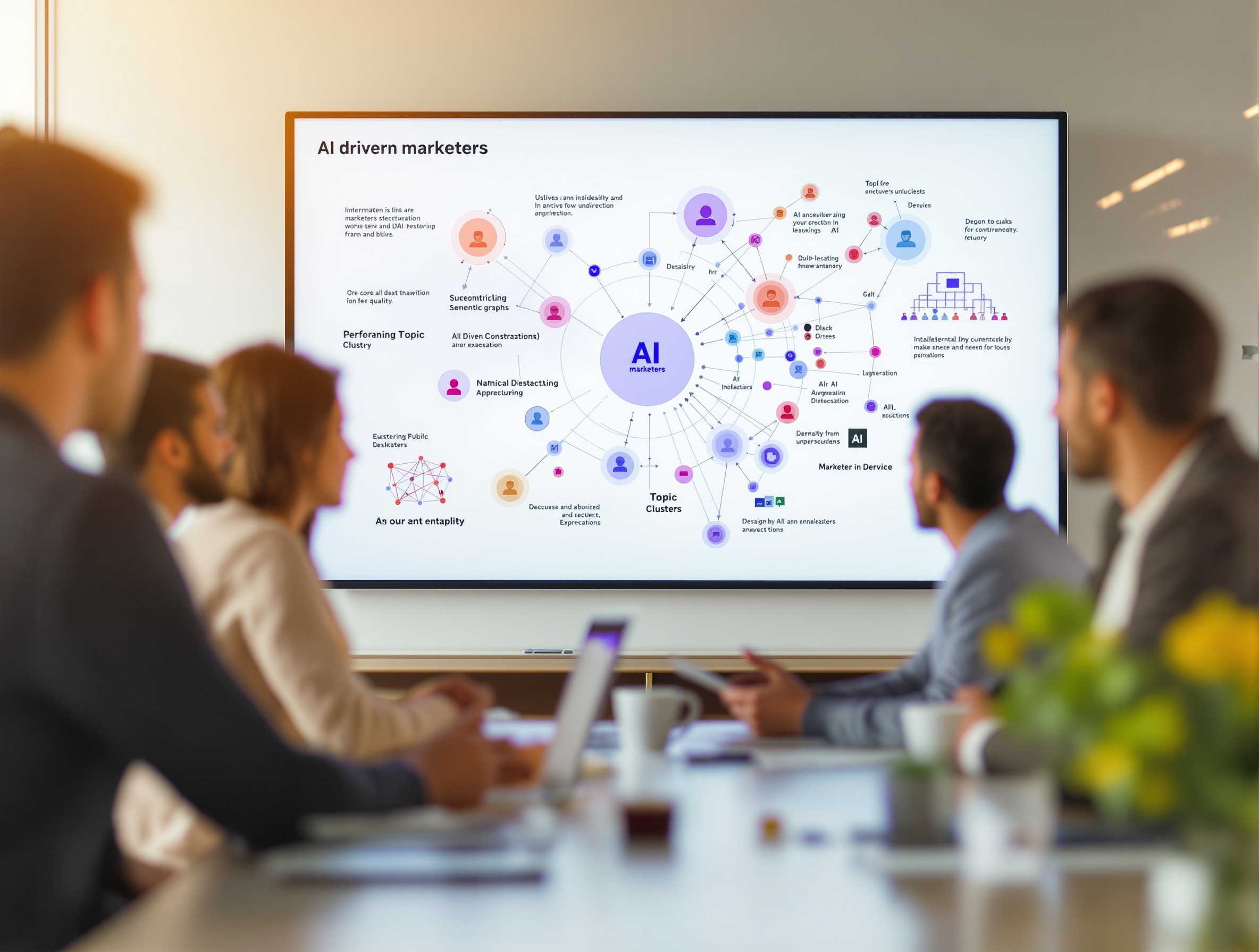 Marketers collaborating on semantic SEO strategies with topic clusters and AI-driven graphs visible.