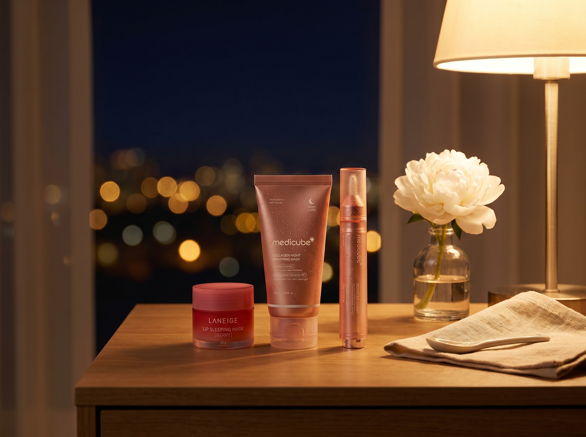 Nächtliche K-Beauty Routine auf einem warmen Holz-Vanity mit Lampe, weißer Pfingstrose und Good Night Glow Bundle