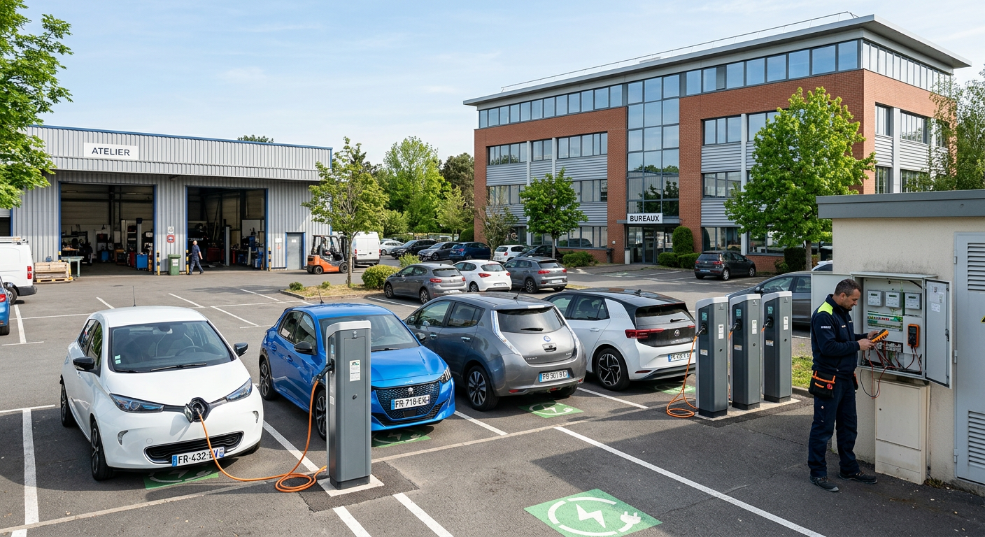 Borne de recharge électrique IRVE dans un parking d'entreprise, avec plusieurs véhicules en charge et un technicien qui vérifie le tableau électrique.