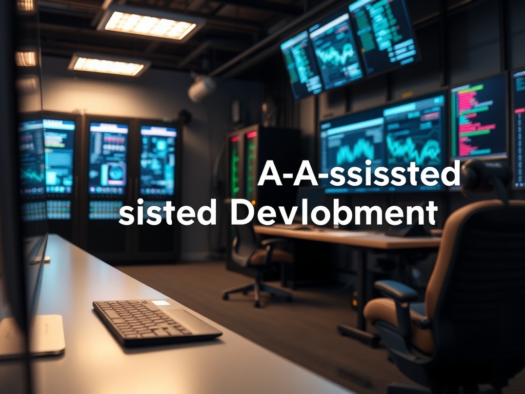 Illustration of AI-assisted software development with programmers collaborating with AI tools in a modern workspace