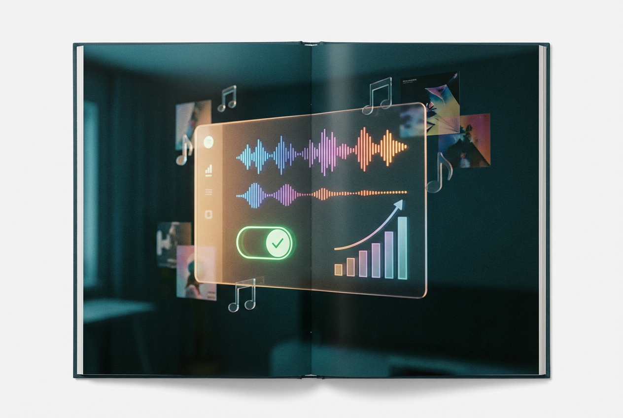 alt text: A futuristic music streaming interface showing AI remix controls with an opt-in consent toggle and artist revenue dashboard