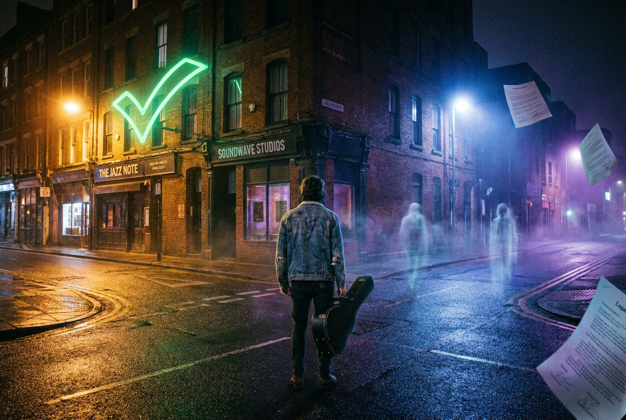alt text: A music industry crossroads showing two paths diverging in a neon-lit cityscape