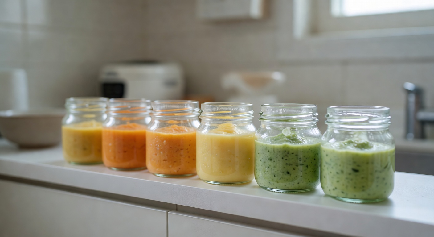 small glass jars of baby food ingredients arranged on a white kitchen shelf