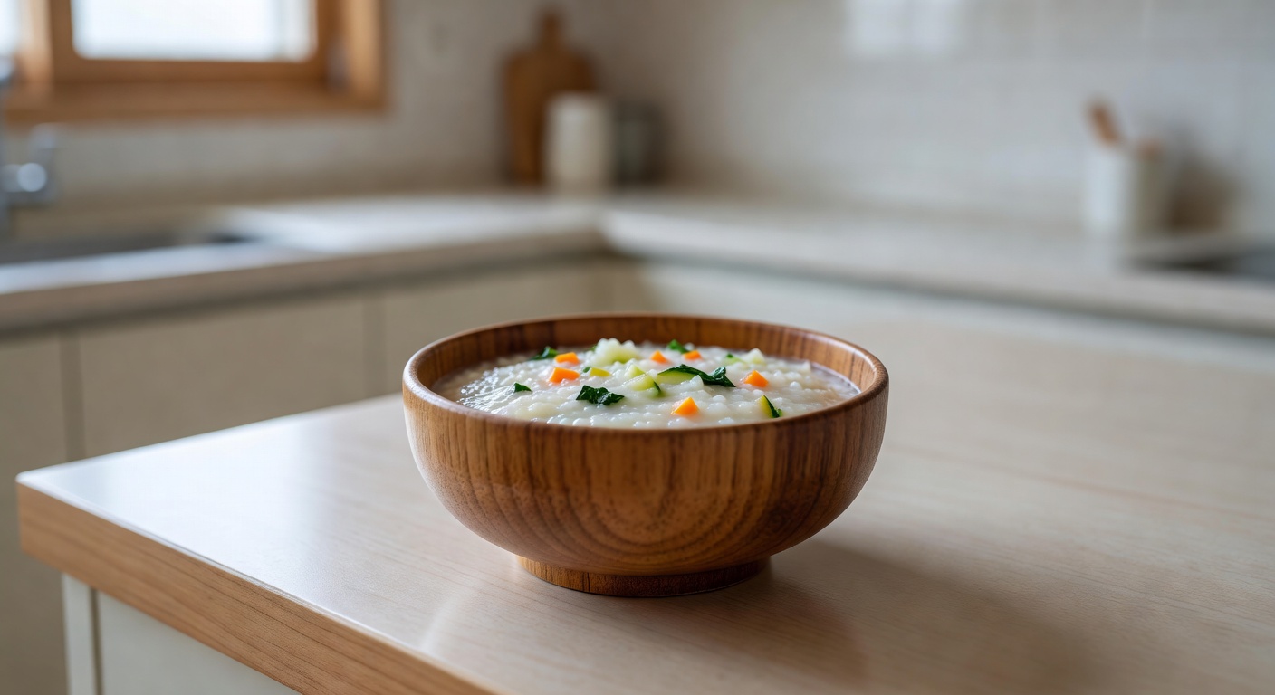 wooden bowl of soft baby rice porridge with small vegetable pieces on a light kitchen counter