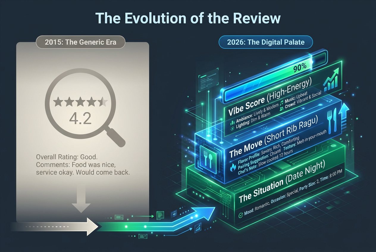 Comparison of outdated 5-star restaurant ratings versus a modern multi-dimensional digital food identity profile including vibe and dish-level data.