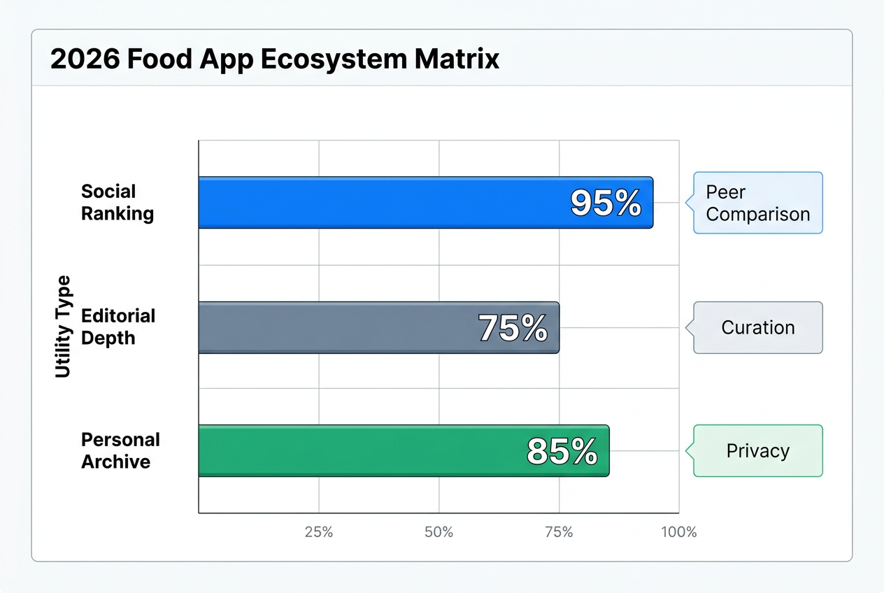 A comparison chart of food discovery apps highlighting their strengths in social ranking, editorial content, and private journaling for 2026 trends.