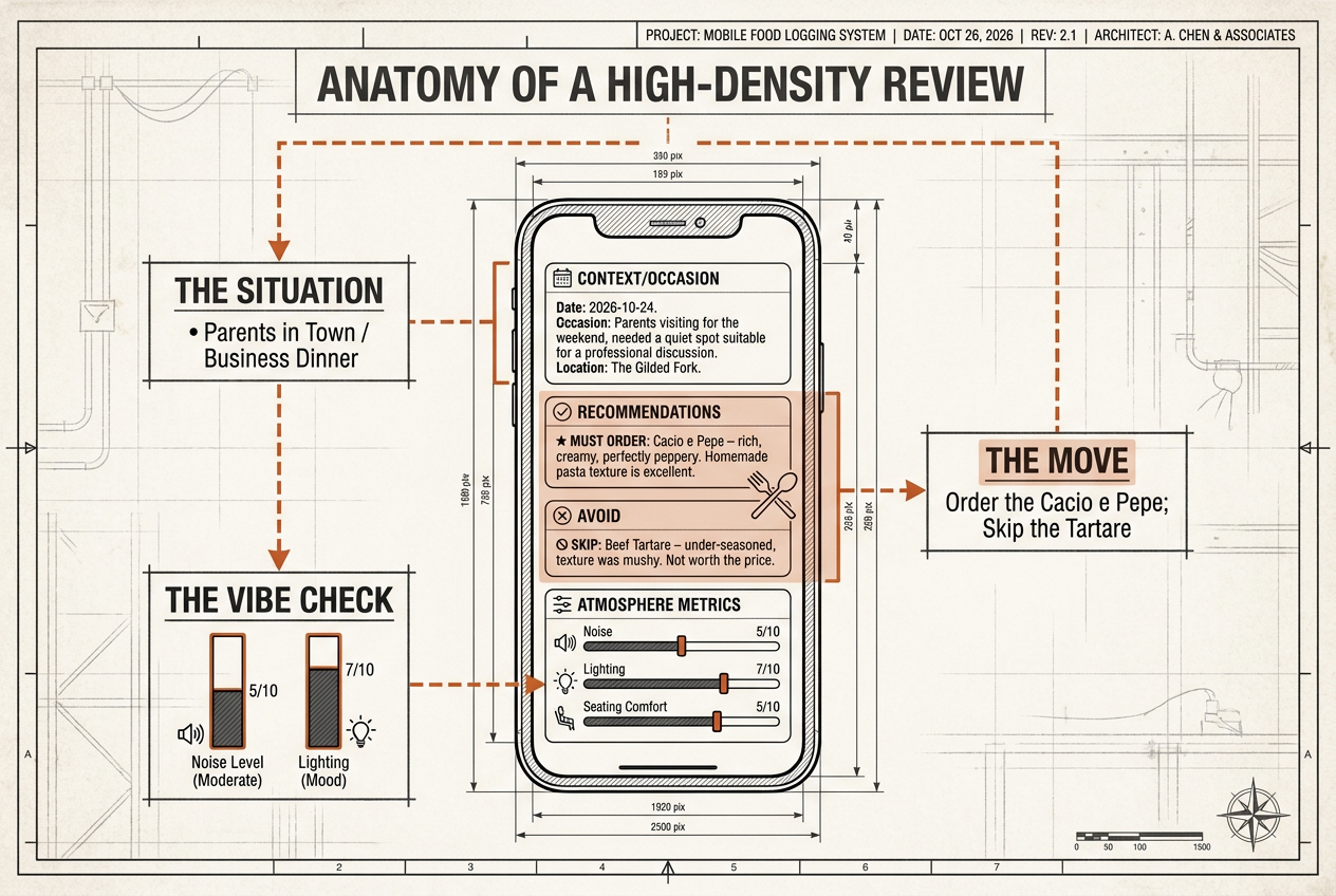 A visual blueprint of a modern restaurant review featuring critical elements like The Situation, The Move, and The Vibe Check for serious foodies.