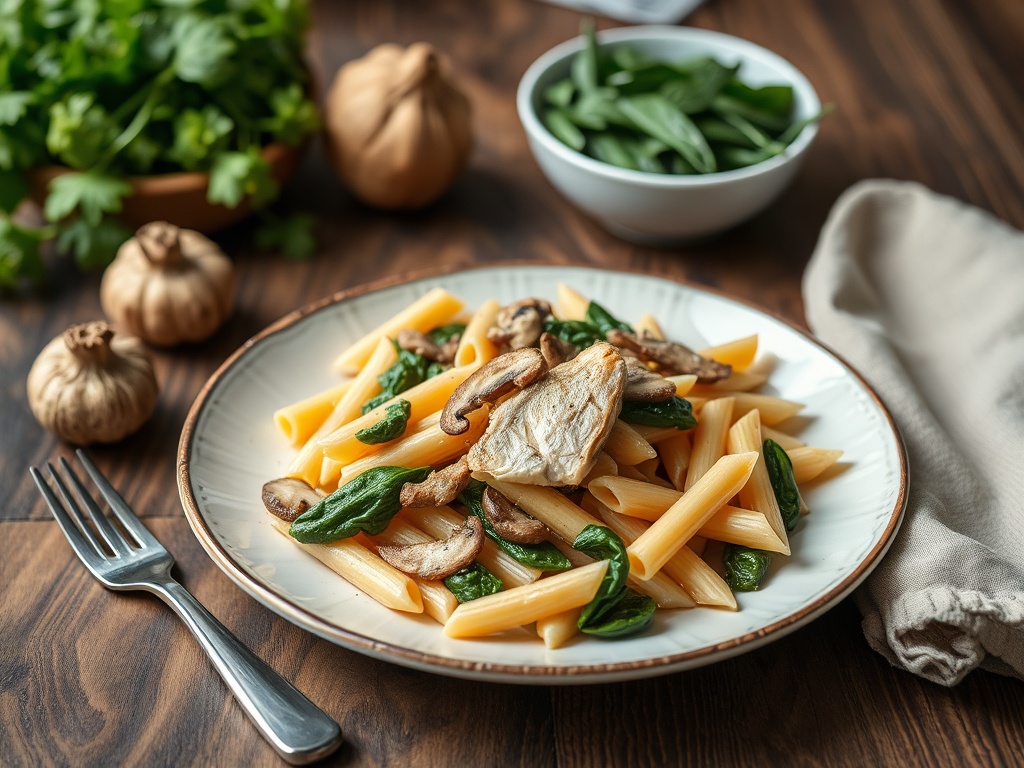 Penne mit Thunfisch, Champignons und Spinat – KI-Rezept von ResteChef