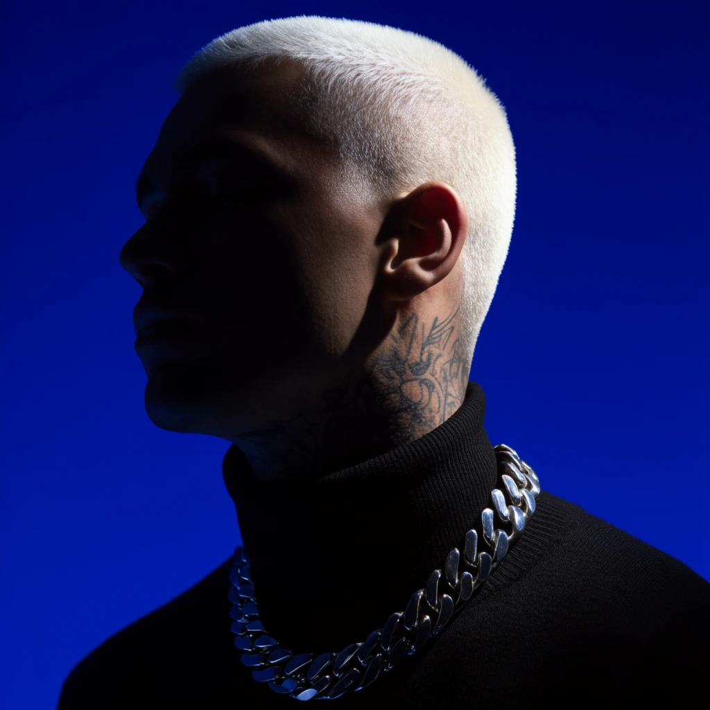 Krea 2 Medium — man with bleached buzz cut rim lighting
