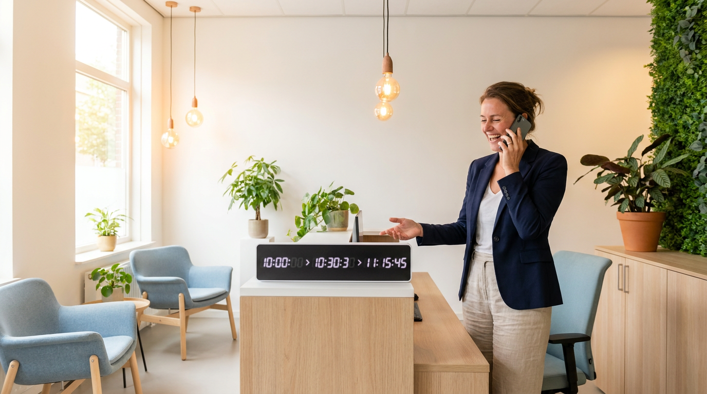 Moderne receptie met telefoon op bureau en ondernemer die efficiënt een telefoongesprek voert