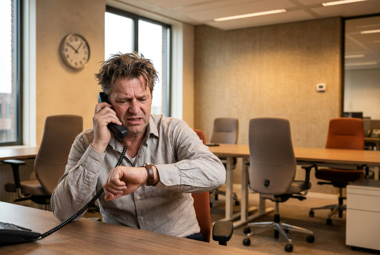 Persoon die ongeduldig op telefoon wacht en op horloge kijkt