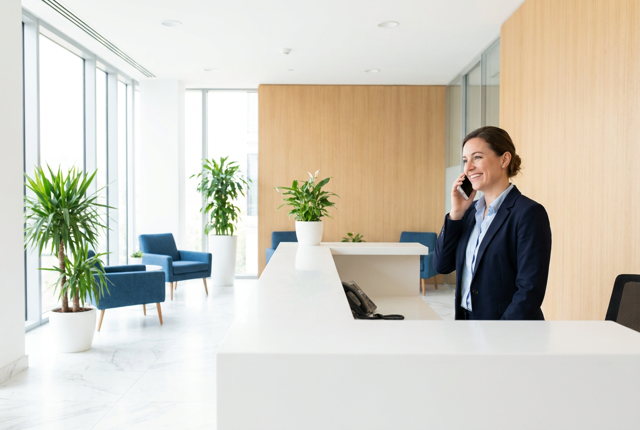 Ondernemer die vrolijk telefoneert in een moderne ontvangstruimte